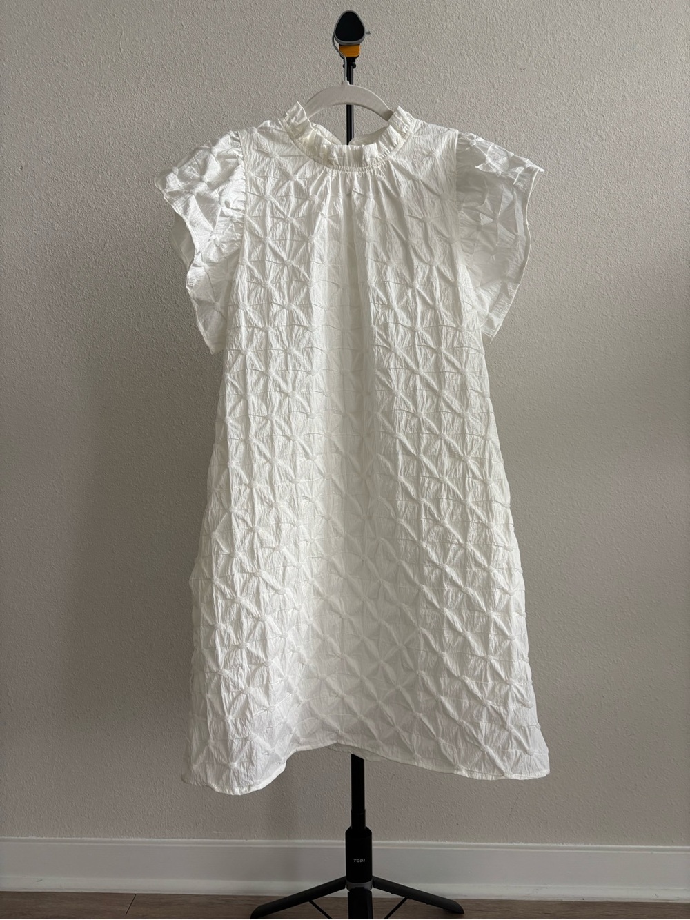 THML White Textured Mini Dress M Ruffle Sleeve High Neck Shift Boho Cottagecore